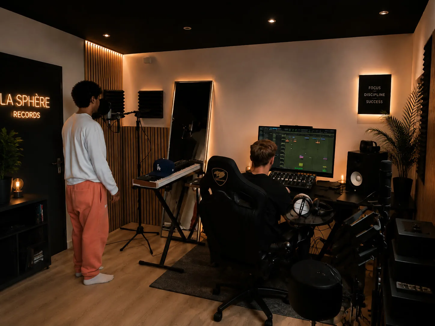 La cabine du Studio La Sphère : micro de prise, clavier et poste de mix.